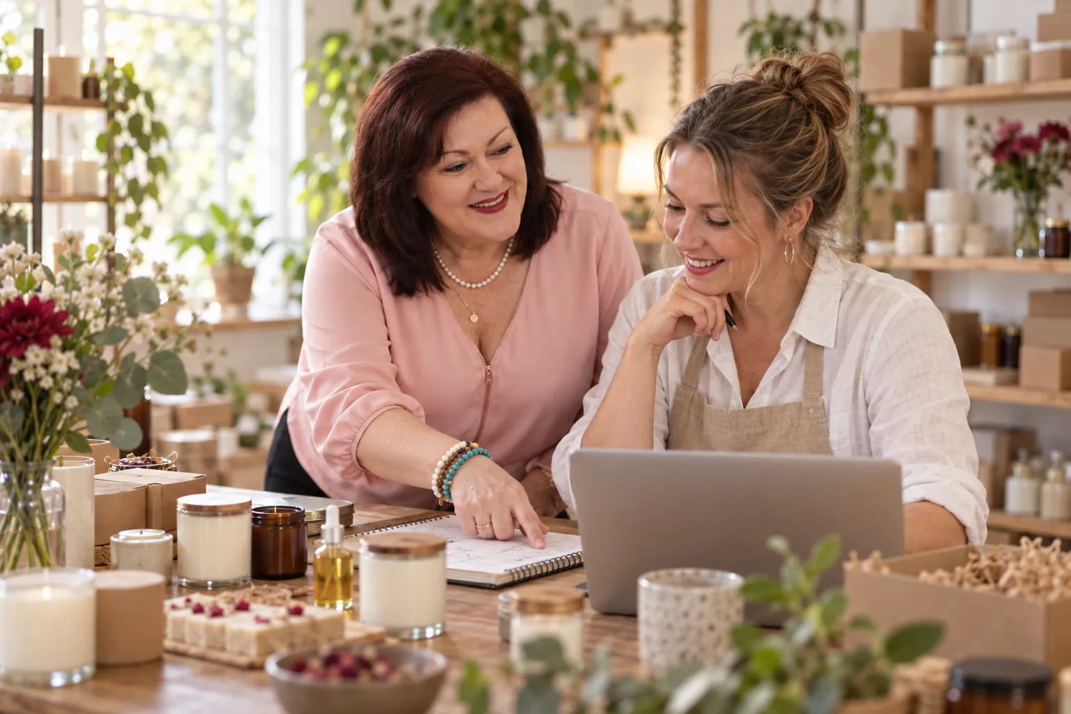 Karen Davey planning with a woman business owner in her studio