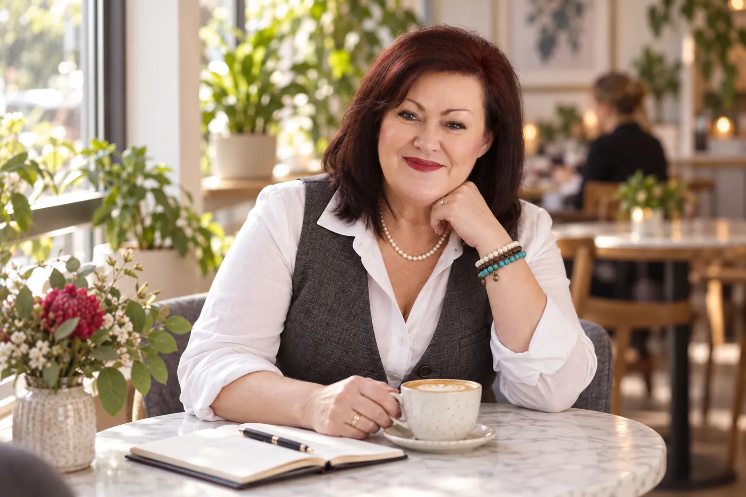 Karen Davey smiling over a coffee, ready for a chat