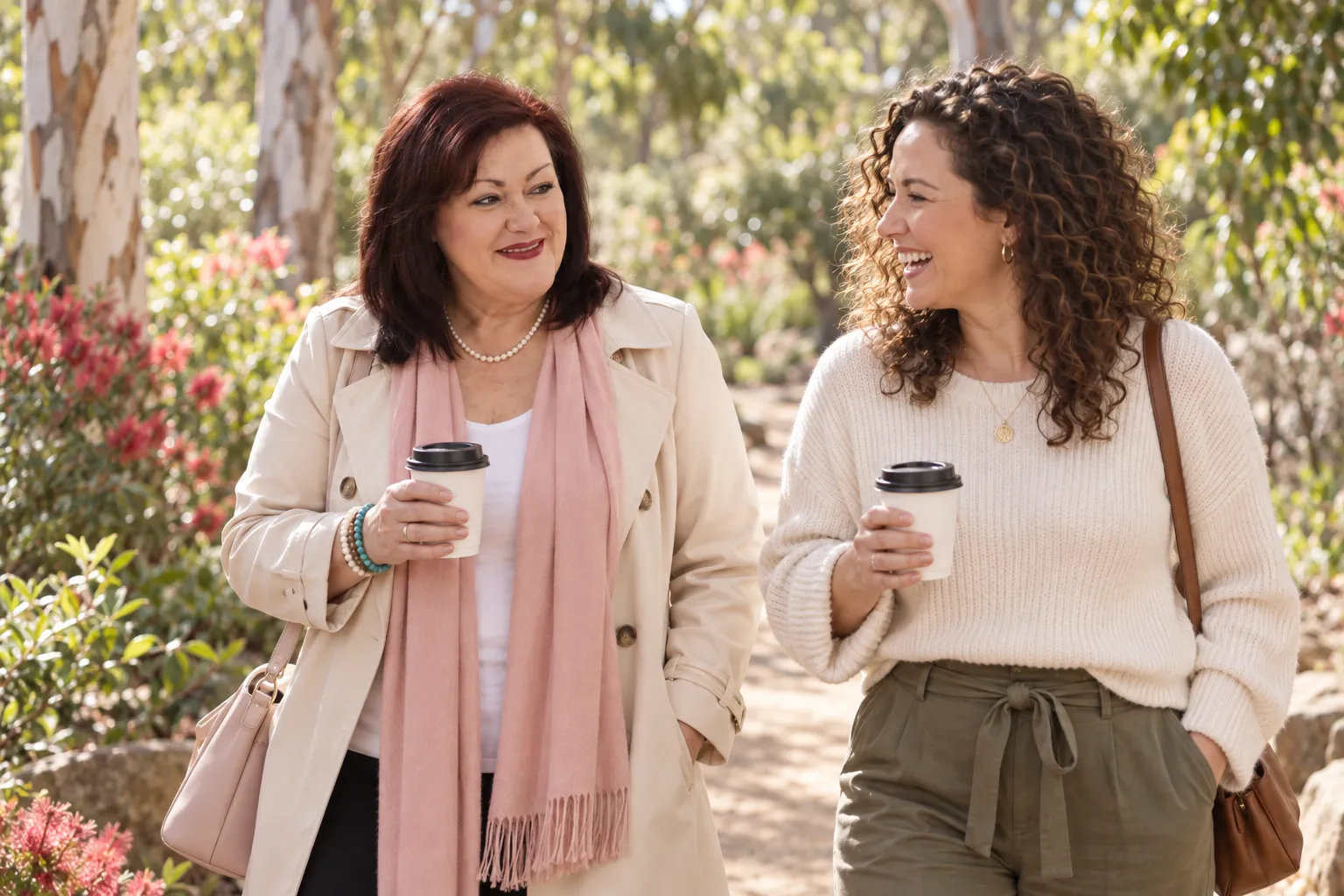 Karen Davey on a walk-and-talk coaching session in a garden