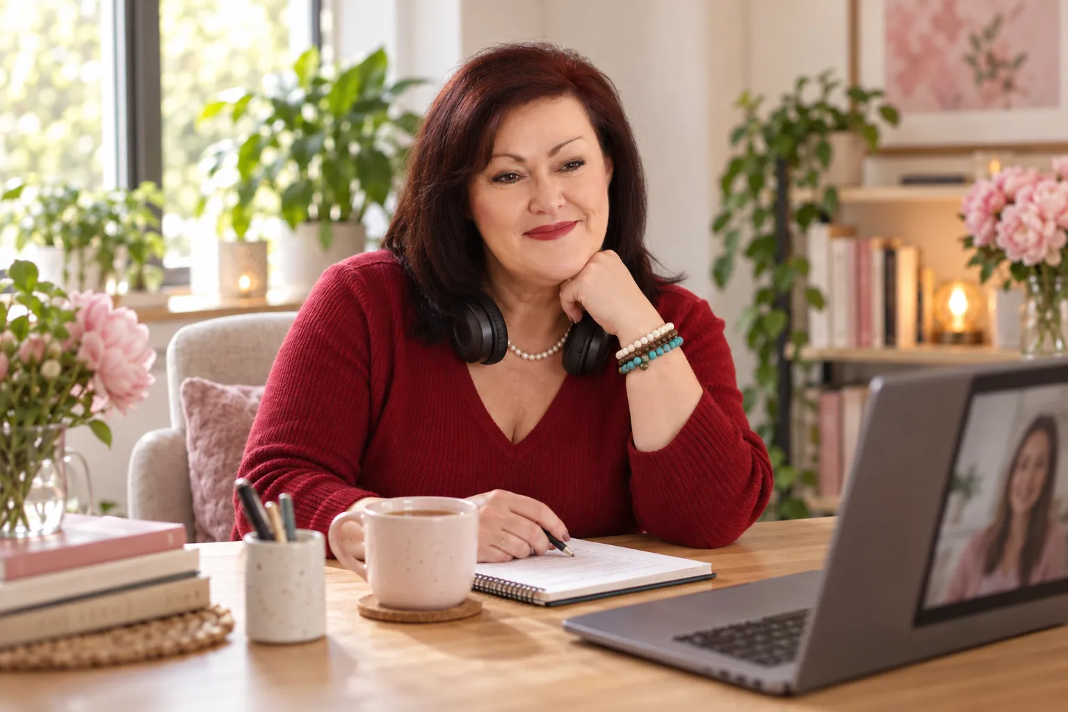 Karen Davey running a live online session from her office